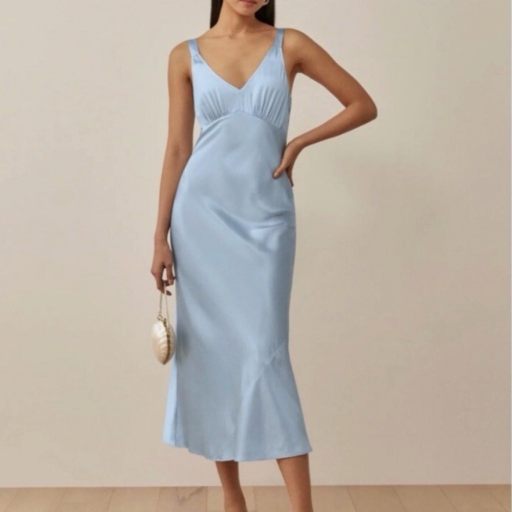 BEST Reformation Daytona Silk Midi Dress - Mineral Blue Causal Cocktail Party - Picture 11 of 12